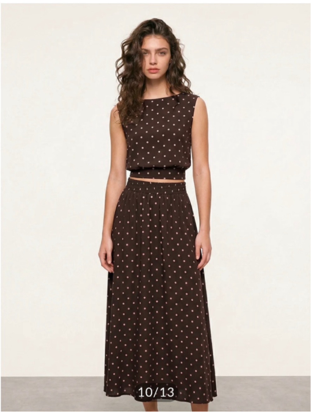 Commense Brown Polka Dot Midi Skirt Top Set Size M 90s Minimalist Elevated